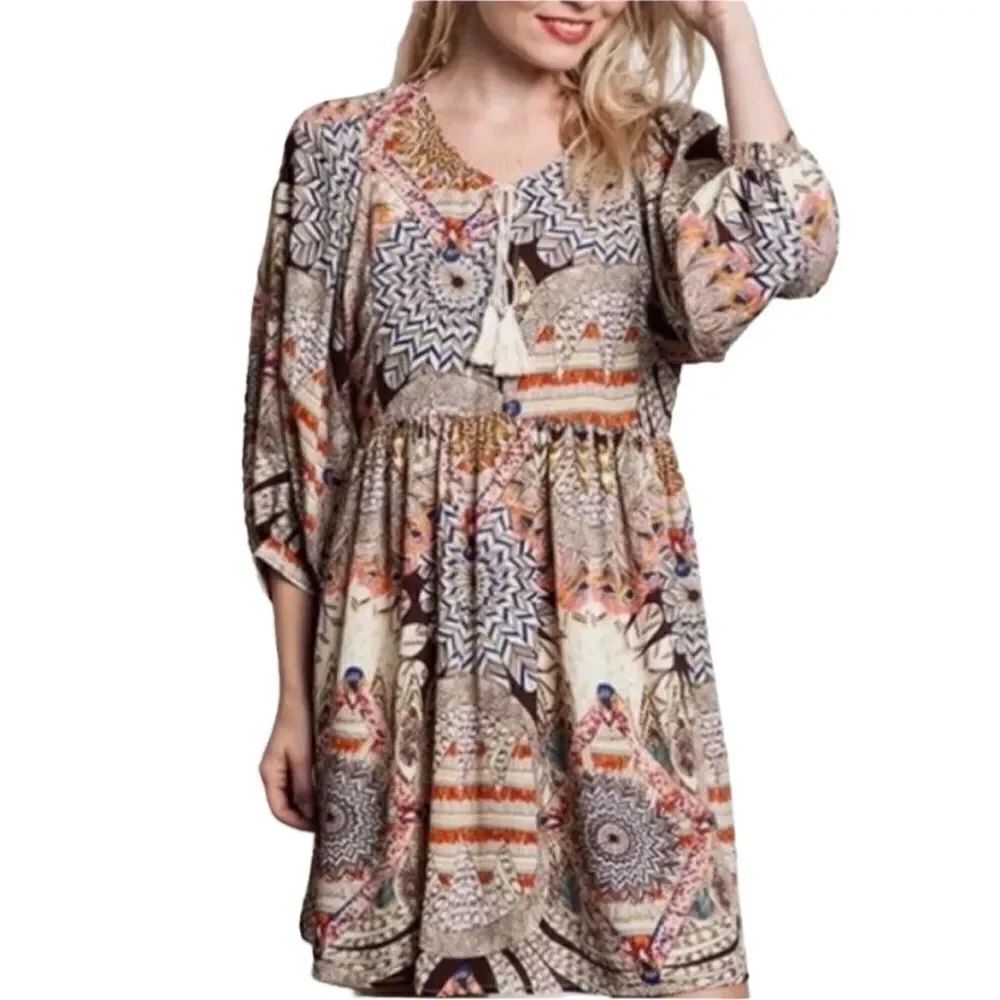 Umgee Boho Feather Print Baby Doll Dress/Tunic
